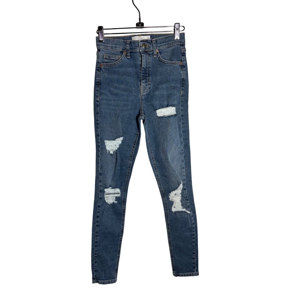 Topshop Size 26x32‎ Jamie Blue Medium Wash High Waisted Distressed Skinny Jeans